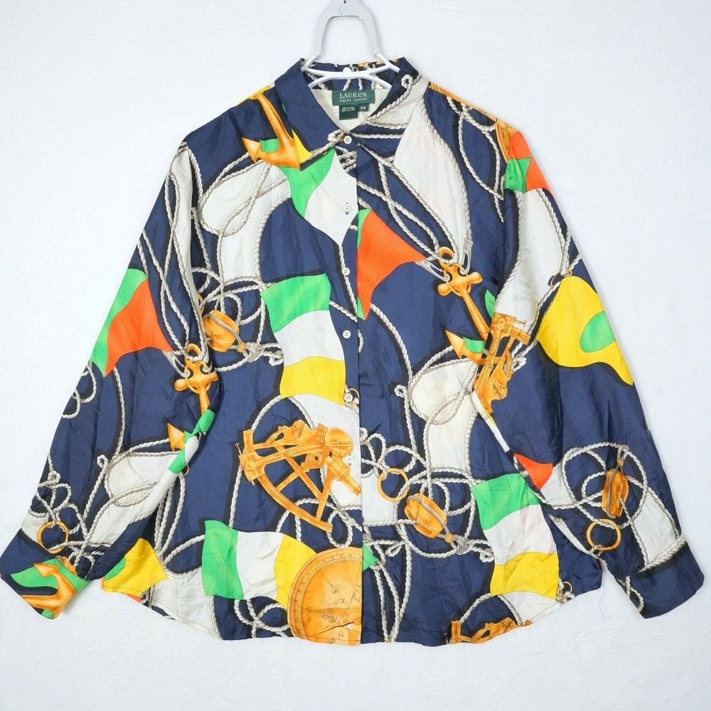 Lauren Ralph Lauren 100% Silk Nautical Anchor Print Blouse Navy Blue 16W